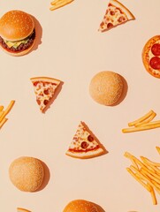 Poster - Colorful silhouettes of burgers, pizza slices, and fries are artistically scattered on a smooth pastel surface, creating a fun food layout. Generative AI