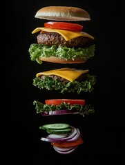 Poster - Delicious burger layers: fresh lettuce, juicy tomato, melted cheese, and a hearty patty create a mouthwatering treat!. Generative AI