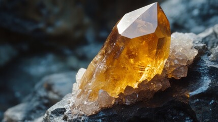Poster - A stunning yellow gemstone rests prominently on rough dark stones, reflecting light. The setting captures the essence of nature, highlighting the unique beauty of the mineral crystal formation.