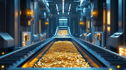 Poster - A state-of-the-art gemstone processing facility showcases an automated conveyor transporting glittering gemstones.