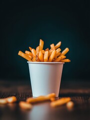 Aufkleber - A white cup holds freshly cooked golden fries, placed on a wooden surface with a dark background enhancing the vibrant colors. Generative AI