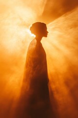 Poster - Silhouette, orange light, smoky background, ethereal woman.