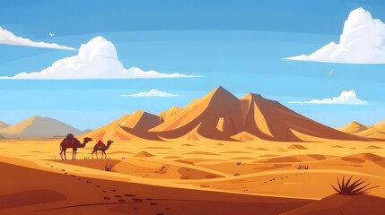 Wall Mural - Camels traverse a vast, sun-drenched desert landscape under a vibrant sky.