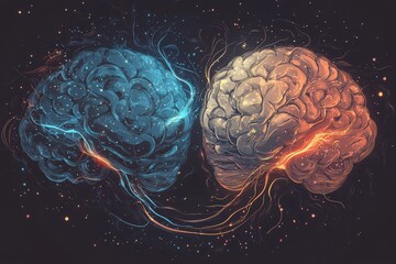 Colorful illustration of two connected brains with electric sparks