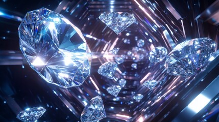 Aufkleber - Glimmering gemstones float in a shimmering atmosphere filled with light reflections. The setting is a striking, futuristic space that highlights the beauty of these precious stones.