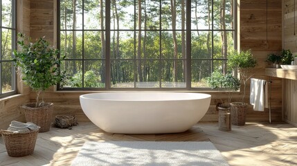 Aufkleber - A large white bathtub sits in a bathroom with a view of trees