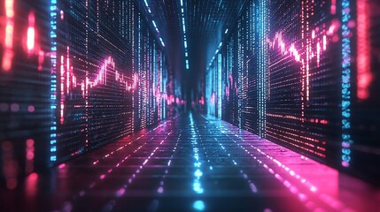 Poster - Abstract digital corridor with glowing data streams and charts.