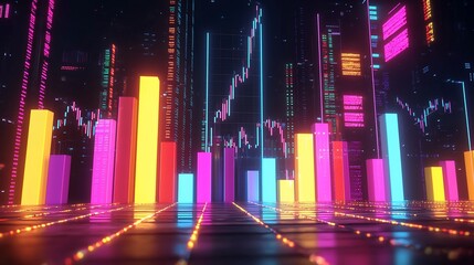 Poster - Neon cityscape with vibrant financial chart.