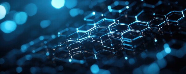 Poster - Futuristic dark blue hexagonal grid with glowing digital lines