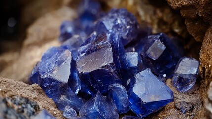 Aufkleber - Bright blue gemstones rest among earthy tones in their natural habitat, highlighting the beauty and complexity of the crystal formations. This vibrant scene evokes a sense of wonder in nature.