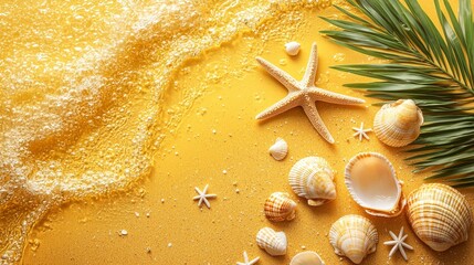 Poster - A collection of beautiful seashells and a starfish rests on a sandy beach adorned with a vibrant yellow-orange gradient. Gentle waves lap the shore, creating a sense of tranquility