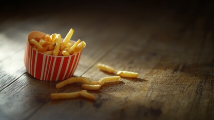 Aufkleber - Golden fries are served in a striped cup on a wooden table, with a few fries scattered nearby under soft light. Generative AI