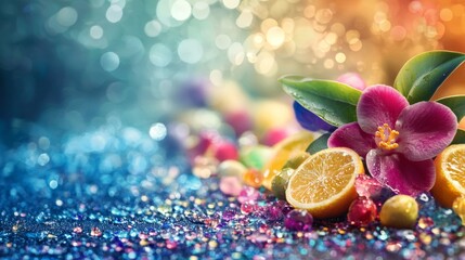 Wall Mural - Colorful citrus and flowers on a sparkling multicolored background