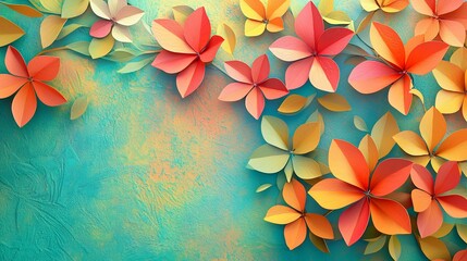 Poster - Colorful paper flowers and leaves on textured background.