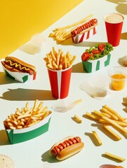 Poster - A colorful table is filled with appetizing fast food, including crispy fries, hot dogs topped with mustard, and soft drinks, enticing hunger. Generative AI