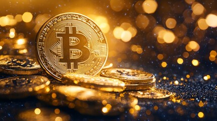 Aufkleber - A golden cryptocurrency symbol stands prominently among scattered coins, reflecting light in a visually stunning display.