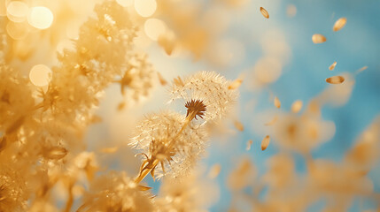 Poster - Bright dandelion seeds gently floating in the air under a clear blue sky during a sunny day in spring