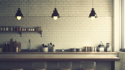 Wall Mural - Modern Kitchen Interior with Pendant Lights and Minimalist Design