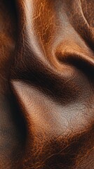 Poster - Soft folds of deep Mocha Mousse leather capture the essence of craftsmanship, revealing intricate textures and natural beauty. Sunlight dances across its surface, highlighting every detail