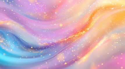 Wall Mural - Vibrant abstract background featuring shimmering golden particles and iridescent vaporous wisps swirling amidst a kaleidoscope of colors and textures. Wisp. Illustration