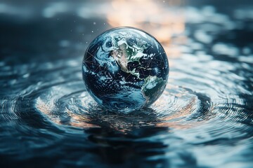 Poster - transparent glass globe floating on rippling ocean waves