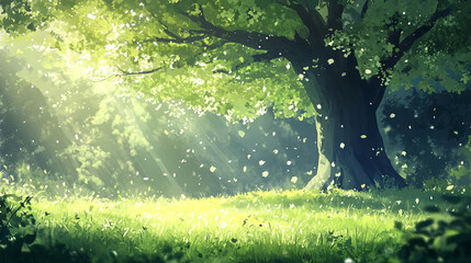 Poster - Sunlight filters through the leaves of a majestic tree in a serene forest clearing during a tranquil afternoon