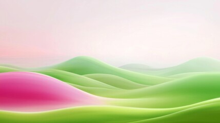 Poster - Smooth, undulating hills flowing in vibrant shades of green and pink create a dreamy, otherworldly landscape beneath a soft, pastel sky, inviting a sense of tranquility and calm