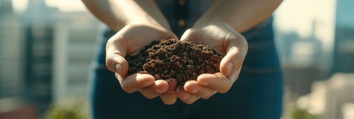 Aufkleber - Hands are holding rich soil under natural light, highlighting the importance of urban gardening and environmental stewardship. Generative AI
