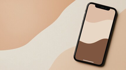 Poster - Mobile phone showcasing a contemporary wallpaper design with flowing brown and beige waves, placed on a coordinating background with similar aesthetic, creating a harmonious visual experience