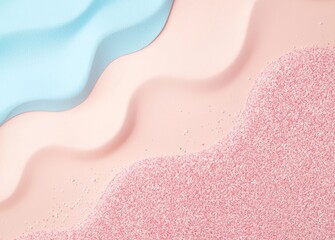Poster - Pink granules form a wavy beach landscape under a light blue sky in a soothing and minimalist abstract composition, ideal for backgrounds and designs related to summer, cosmetics, and relaxation