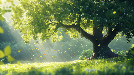 Poster - Sunlight filters through a large tree, creating a serene atmosphere in a lush green meadow filled with wildflowers at dawn