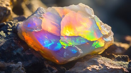 Aufkleber - A dazzling gemstone rests on a rough surface, showcasing vibrant hues of orange, blue, and green as sunlight illuminates its facets. Nature beauty is on full display with this precious stone.