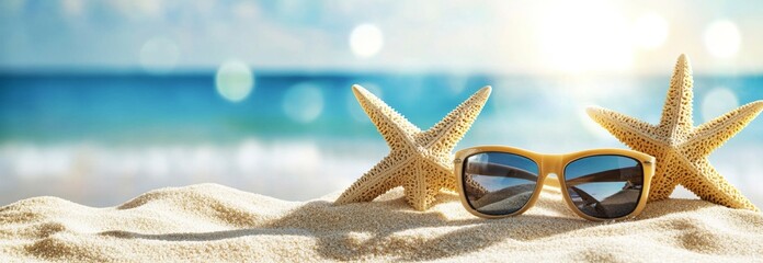 Poster - Sunglasses and two starfishes are resting on the sand of a tropical beach with turquoise water and bokeh effect in the background, evoking summer holidays and relaxation