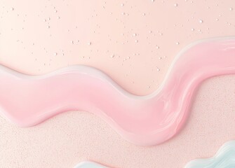 Poster - Waving pink cosmetic cream flows gracefully over a soft peach background, accented by delicate bubbles, creating a soothing and visually captivating abstract design