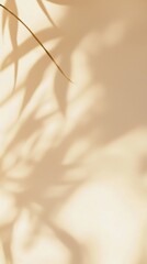 Poster - Soft sunlight shining through palm leaves creating relaxing tropical background with blurred shadows on beige wall, perfect for summer and nature themed projects