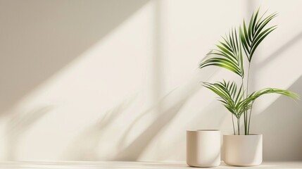 Poster - Sunlight streams through a window, casting dramatic shadows on a minimalist beige wall, illuminating a lush palm tree in a stylish white pot, creating a serene and modern atmosphere
