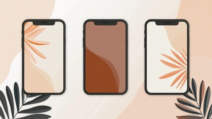 Poster - Three smartphone mockups showcasing trendy wallpaper designs with minimalist tropical leaves, abstract shapes, and a warm color palette create a stylish and modern aesthetic