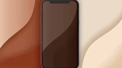 Poster - Modern smartphone with blank dark screen is lying on abstract surface with soft brown and beige waves, creating elegant and minimalist composition