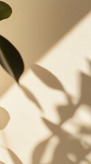 Poster - Sunlight is creating shadows of a plant on a beige wall, providing a minimalist and aesthetic background perfect for various design projects