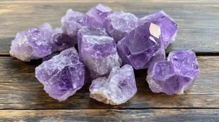 Poster - Sparkling amethyst gemstones scattered on a rustic wooden surface, showcasing vibrant purple hues and unique crystal formations in natural light for an inviting display.
