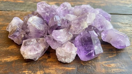 Poster - A collection of natural amethyst crystals rests on a textured wooden surface. The purple hues catch the light, highlighting their unique shapes and clarity, creating a tranquil atmosphere.