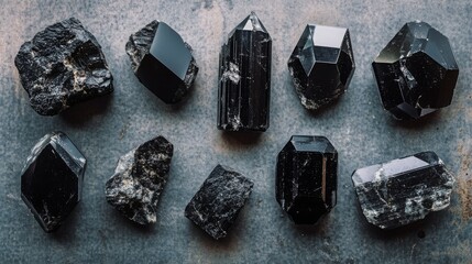 Aufkleber - A collection of black gemstones is arranged meticulously on a textured dark surface, showcasing their natural forms and sharp edges under soft light, emphasizing their rich, glossy appearance.