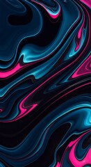 Poster - Dark blue neon abstract background swirling liquid paint waves pink hues