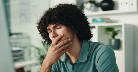 Aufkleber - Thinking, tired and burnout in office, man and IT specialist with glasses, anxiety and stress for work. Contemplating, programmer and overworked for deadline, disappointed and person with headache