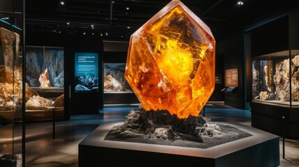 Aufkleber - In a contemporary gallery, a large and radiant orange gemstone takes center stage. The exhibit features ambient lighting, showcasing the crystal facets and natural beauty against a sleek backdrop.