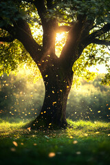 Poster - Sunlight filters through leaves of a tall tree in a tranquil forest setting during golden hour