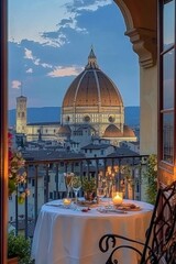 Fototapete - Taking in the delightful and charming balcony view of Florences magnificent Duomo set against a breathtaking sunset sky