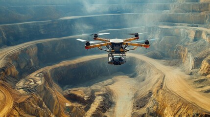 Leinwandbilder - A drone operates above a sprawling gemstone mine, capturing detailed aerial views of the quarry intricate layers and earthwork. Sunlight reflects off the surrounding rocks and soil.