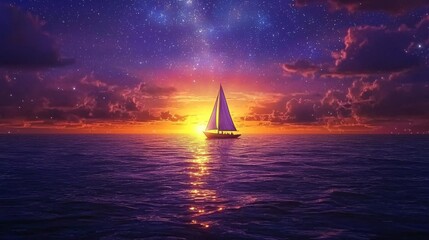 Wall Mural - A solitary sailboat sails peacefully on the quiet sea at dusk, beneath a sky illuminated by the setting sun and its reflection sparkling on the water.