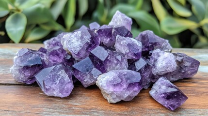 Poster - A collection of striking purple amethyst gemstones is arranged on a wooden surface, highlighted by lush greenery in the background.